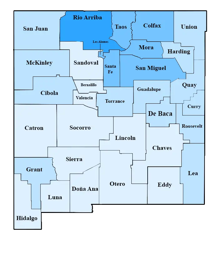 Map of the territorial division of the state of New Mexico in which the distribution of snowfall in the thirty-three counties that make up the state is roughly exemplified