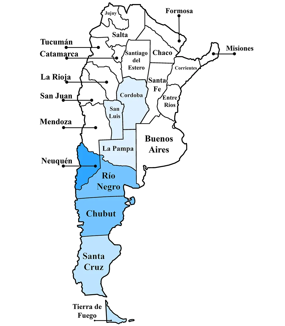 Map of the territorial division of the state of Argentina with distribution of snowfall