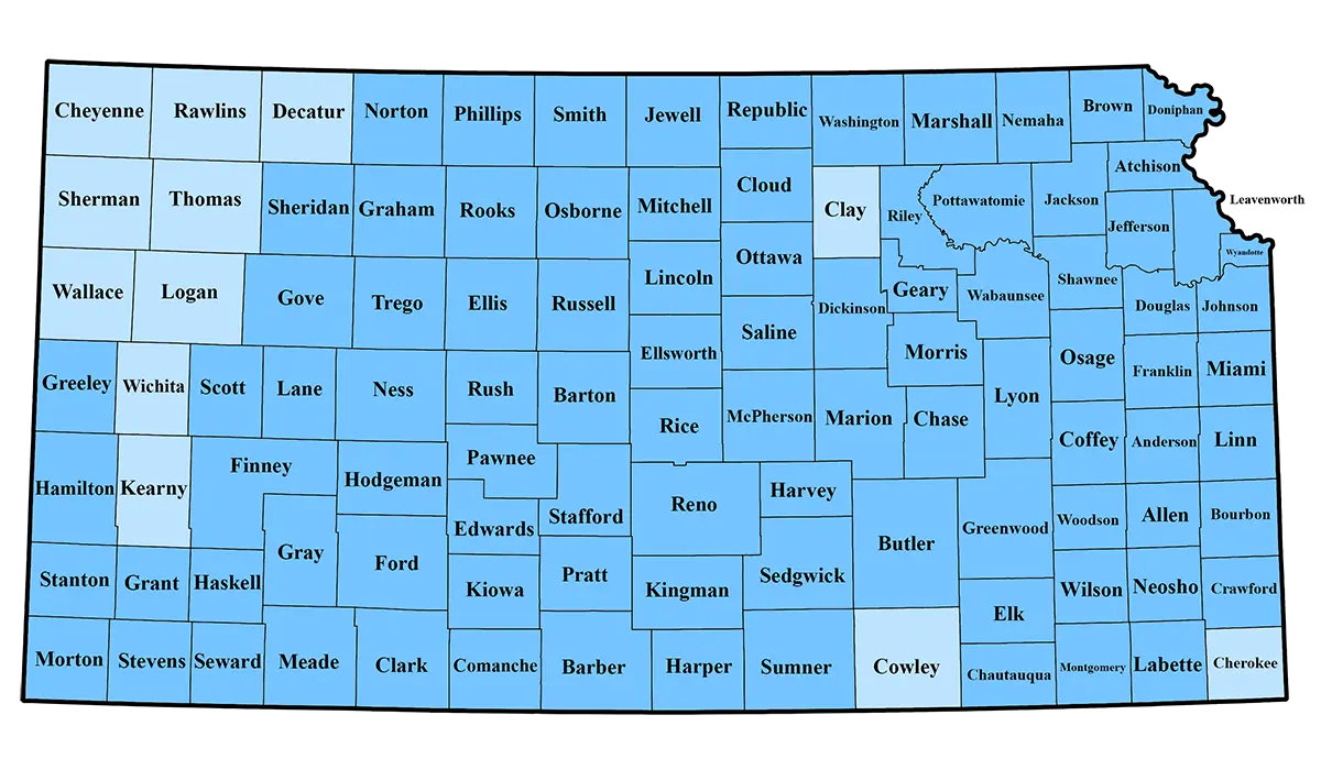 Map of the territorial division of the state of Kansas with the distribution of snowfall