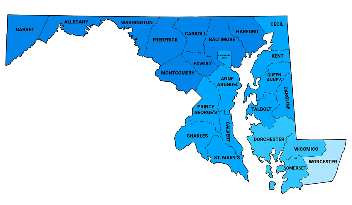 Map of the territorial division of the state of Maryland with distribution of snowfall