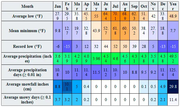 Informative table on different climatological parameters of New York City, which includes the average snowfall per month expressed in inches.